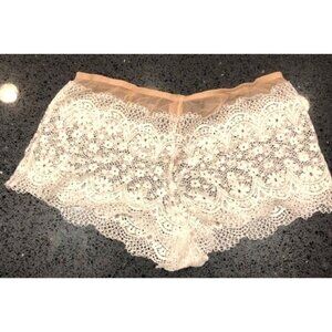 Victorias Secret Ivory Lace Panties M Nude Mesh Detail Zip Back Hook & Eye